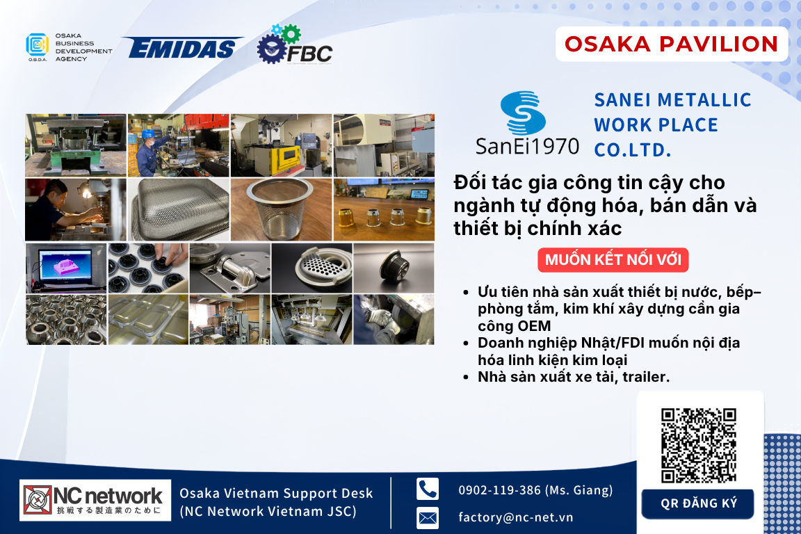 [OSAKA PAVILION – FBC ASEAN 2026] SANEI METALLIC WORK PLACE CO., LTD. – Gia Công Linh Kiện Kim Loại, Ép Nhựa Và Sản Xuất Phụ Kiện Cấp Thoát Nước